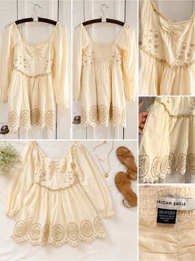 AE Cream Embroidered Puff Sleeve Mini Dress Cottagecore XS with POCKETS! 🤗